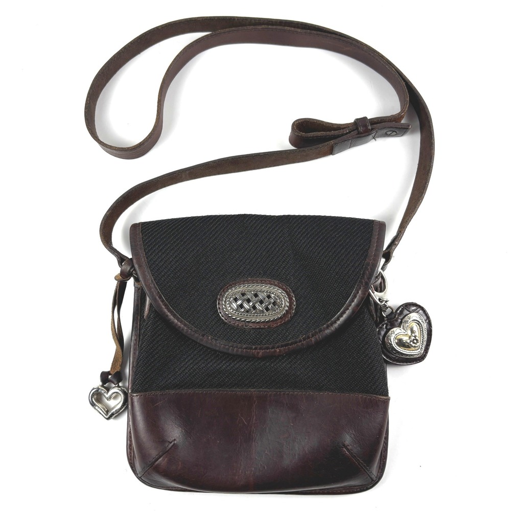 VTG Brighton Crossbody Bag Womens Small Black Brown Canvas Leather Heart Flap